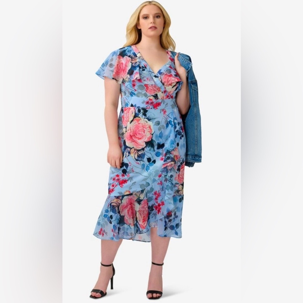 NWT- Adrianna Papell Plus Size Floral Faux Wrap Dress In Blue Multi Size 24